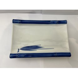 Rektangulr Tallerken /  Hvid, Bl Kant Og Bambus