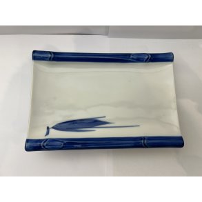 Rektangulr Tallerken /  Hvid, Bl Kant Og Bambus