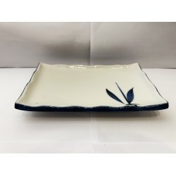 Stor Rektangulr Tallerken / Hvid, Bl Bambus Og Blget Kant