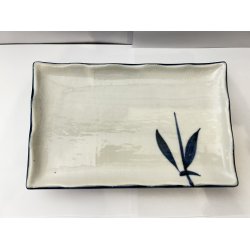 Stor Rektangulr Tallerken / Hvid, Bl Bambus Og Blget Kant