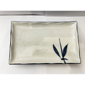 Stor Rektangul�r Tallerken / Hvid, Bl� Bambus Og B�lget Kant